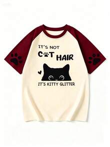 Camiseta casual de manga corta con cuello redondo y estampado de gato lindo para mujer, camiseta holgada de cuello redondo tipo raglán, ropa para mujer, adecuada para la escuela o vacaciones. - Burdeos - Ver 3