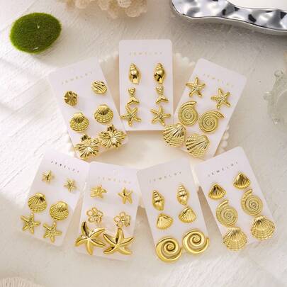 6-21pcs Fashionable & Elegant Ocean Life Themed Earrings Set, Suitable For Beach Vacation, Daily Outings, Parties, And Unique Personal Style