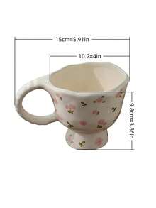 1个手工花卉陶瓷咖啡杯，300毫升容量，可爱花卉印花，带底座；不对称复古风格奶茶杯，珍珠手柄；家用及办公饮品杯；微波炉及洗碗机适用；送给女孩的理想礼物 - 彩色 - 查看 2