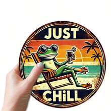 1pc 2D Flat Printed Round Iron Decorative Sign Plaque, Chill Out, Summer Tropical Frog Beach Tropical Palm Tree Theme, Iron 20*20 CM 8*8 Inch), Perfect For Bar, Pub, Living Room, Lounge, Room, Bedroom Decor (Random Hole Position) - A - View 4
