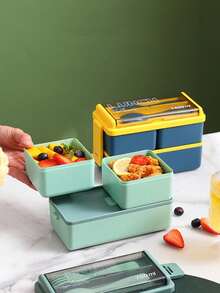 1 buah Kotak Makan Siang Plastik Dua Lapis Gaya Jepang, Set Kotak Bento Tahan Microwave untuk Pekerja Kantoran - MultiWarna - View 4
