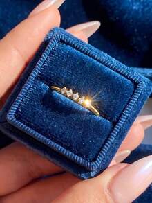 1 pieza Anillo de plata de ley 925 con 5 piedras de circonita incrustadas, anillo decorativo de uso diario para mujer, accesorio para fiestas, anillo de mujer de alta calidad, regalo de joyería exquisita - Dorado - Ver 3