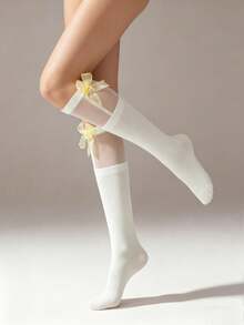 1 đôi tất dài đến đầu gối bằng vải lưới mỏng màu kem dành cho nữ, có nơ organza màu vàng, thoáng khí, kiểu Lolita JK ngọt ngào, lý tưởng cho trang phục hàng ngày và cosplay. - Nhiều màu - Xem 7