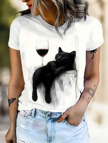 Cat Artwork Red Wine Glass, Minimalist Artistic Women's Daily T-Shirt, Round Neck Short Sleeve Tee, Comfortable For Home, Going Out, Camping, Women's T-Shirt-X - White - View 6