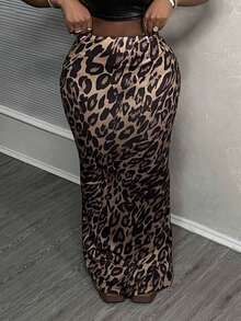 Falda larga sirena ajustada de punto elástico con estampado de leopardo para mujer, cintura elástica, ideal para vacaciones de playa y looks elegantes casuales - Multicolor - Ver 8