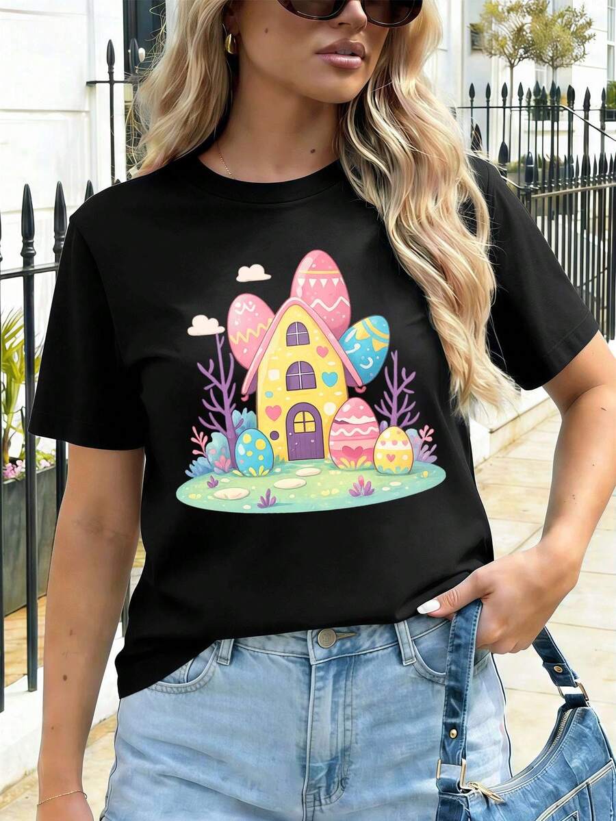 Women's Easter Egg House Graphic T-Shirt, 100% Cotton, Relaxed Fit, Casual, Comfortable, Graphic Design. - Black - View 1