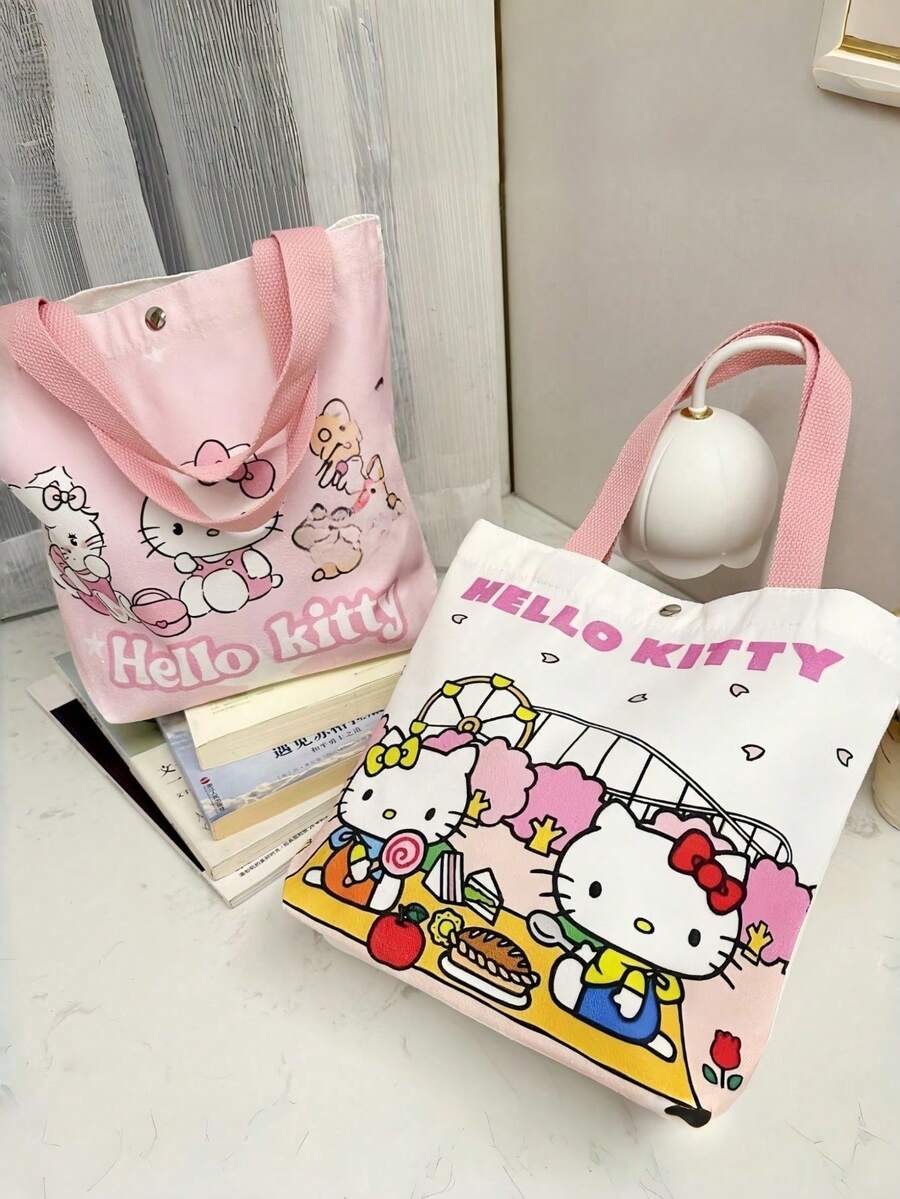 Sanrio 女款大容量托特包/單肩包/旅行包,Hello Kitty 帆布托特包,可愛 KT 托特單肩包,卡通百搭托特包,大容量通勤包,適合旅行、開學、通勤 - 彩色 - 查看 1
