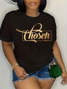 100% algodón [Camiseta "Cozy Comfort, Chosen"] Camiseta gráfica "Chosen" de corte suave y relajado|   Comodidad Acogedora, Negro Casual con Estampado Cursiva Dorado, Manga Corta, Cuello Redondo, Ideal para Primavera y Verano - Negro - Ver 6