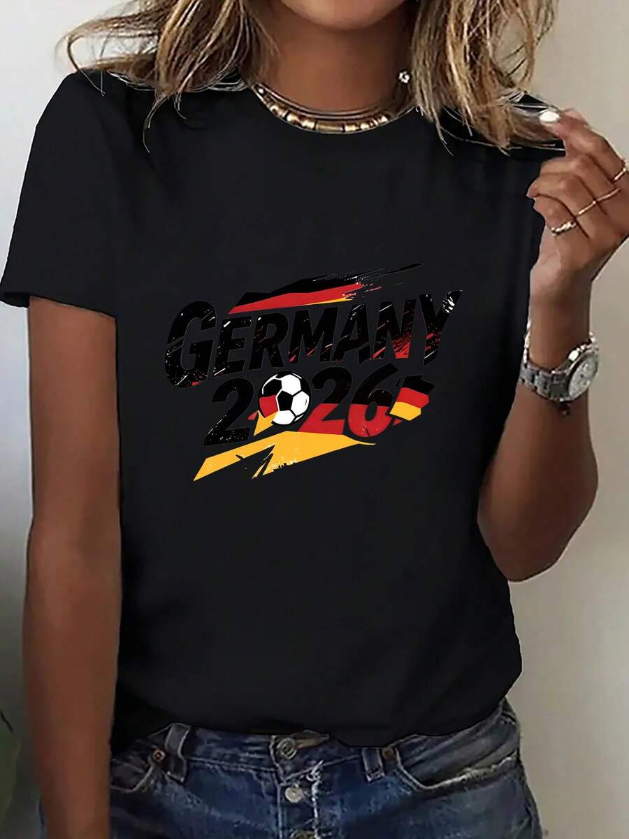 Women'S Single-Piece Round Neck Printed T-Shirt, USA-Mexico-Canada Apparel Series, Simple And Women'S T-Shirt With Round Neck And Germany Team Print, Loose-Fitting, Comfortable, And Versatile Top. Soccer Fan Apparel, Cheering Clothes. NewComfortable Round-Neck Casual Pure Cotton T-Shirt Printed With Fashionable Sports Graphic Patterns, Unisex Couple Style, Y2K Street Style, Suitable For Holiday Celebrations, Mother'S Day, Father'S Day, Independence Day, Women'S Short Sleeves, Birthday Gifts, Fan Merchandise Gifts - màu đen - Xem 1