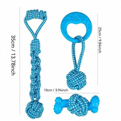三件套彩色狗狗牵引绳玩具，宠物咀嚼玩具，耐用互动拔河玩具，手工编织球形设计，清洁牙齿和按摩牙龈，缓解居家无聊的宠物玩具，色彩可爱清新，是送给宠物主人的理想礼物，也是宠物节日用品。