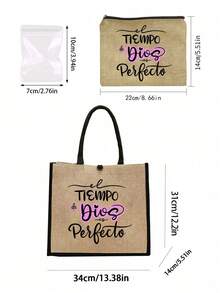 Juego de bolso de lona de lino de fe cristiana, bolso de hombro impreso con el verso religioso en español "El tiempo de Dios es perfecto", bolso de gran capacidad casual, bolso de compras con verso inspiracional, bolso de mano y bolsa de cosméticos, bolso para uso diario, viajes, trabajo y escuela para damas, regalo único para cumpleaños, festividades, día de la madre, vacaciones, boda y regreso a clases - Multicolor - Ver 10