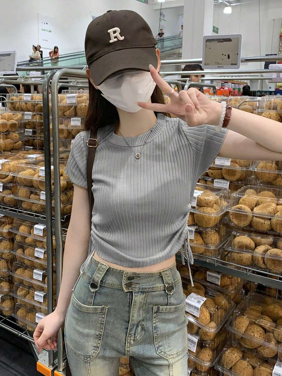女士休闲日常通勤纯色抽绳褶皱短款罗纹针织上衣，夏季 - 灰色 - 查看 1