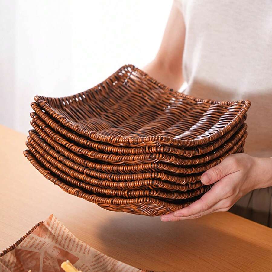 Plaid Storage Basket, Household Fruit & Bread Tray, Fast Food Basket, Fruit Gift Basket, Breakfast Gift Basket, Suitable For Home, Restaurant, Bakery Countertop, Brown Color, Suitable For Picnic/Camping, Kitchen Baking, Living Room And Dining Room Storage