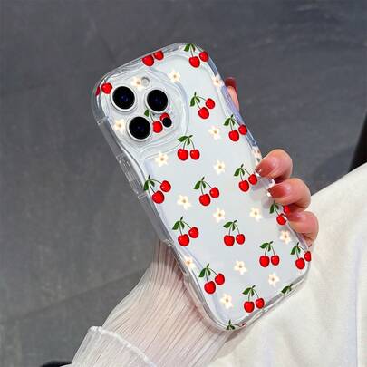 1件极简主义TPU材质白色花朵和樱桃元素图案透明奶油质感全包防摔手机壳，兼容、荣耀等手机。