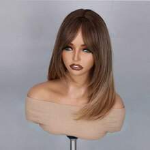 16 Inch Light Brown Medium Length Layered Wig With Bangs, Synthetic Hair For Daily Wear - Gold - View 11