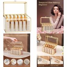 CoralHouse Organizador de labiales lujoso soporte de labios de vidrio templado y organizador de esmalte de uñas organizador de cosméticos de 18 ranuras con divisores extraíbles dorado - como en la imagen - Ver 1