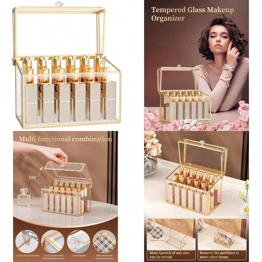 CoralHouse Organizador de labiales lujoso soporte de labios de vidrio templado y organizador de esmalte de uñas organizador de cosméticos de 18 ranuras con divisores extraíbles dorado - como en la imagen - Ver 1