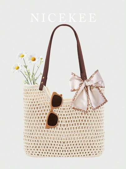 Fashionable Contrasting Artistic Versatile Shoulder Bag, Unique Draping Bowknot Hollow-Out Shoulder Bag, Niche Design Sweet Elegant Shoulder Bag, Suitable For Daily Commute, Shopping, Dating, Travel And Vacation