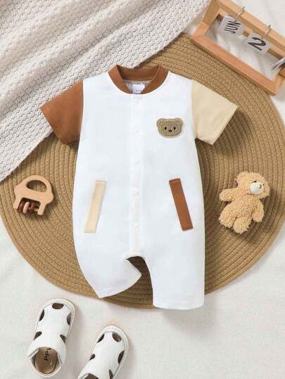 Baby Boy's Cute Bear Patchwork Contrast Color Patch Romper, Soft & Comfortable, Suitable For Casual Daily & Outdoor Wear, Spring/Summer