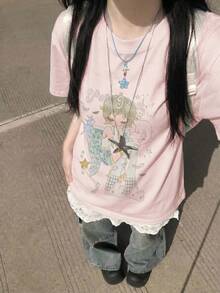 女士夏季休闲宽松字母卡通印花短袖T恤 粉色 - 粉色 - 查看 2