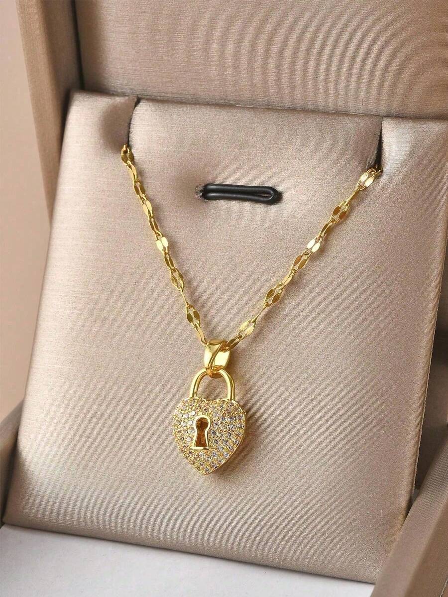 1 chiếc dây chuyền mặt dây chuyền hình trái tim đính đá lấp lánh thời trang, chất liệu thép không gỉ, trang sức vàng, dây chuyền vàng, quà tặng Ngày của Mẹ, trang sức phương Tây, quà tặng Ngày Nhà giáo, quà tặng cho phụ nữ, trang sức đi biển cho phụ nữ, mặt dây chuyền quyến rũ, quà tặng, quà sinh nhật - Vàng - Xem 1