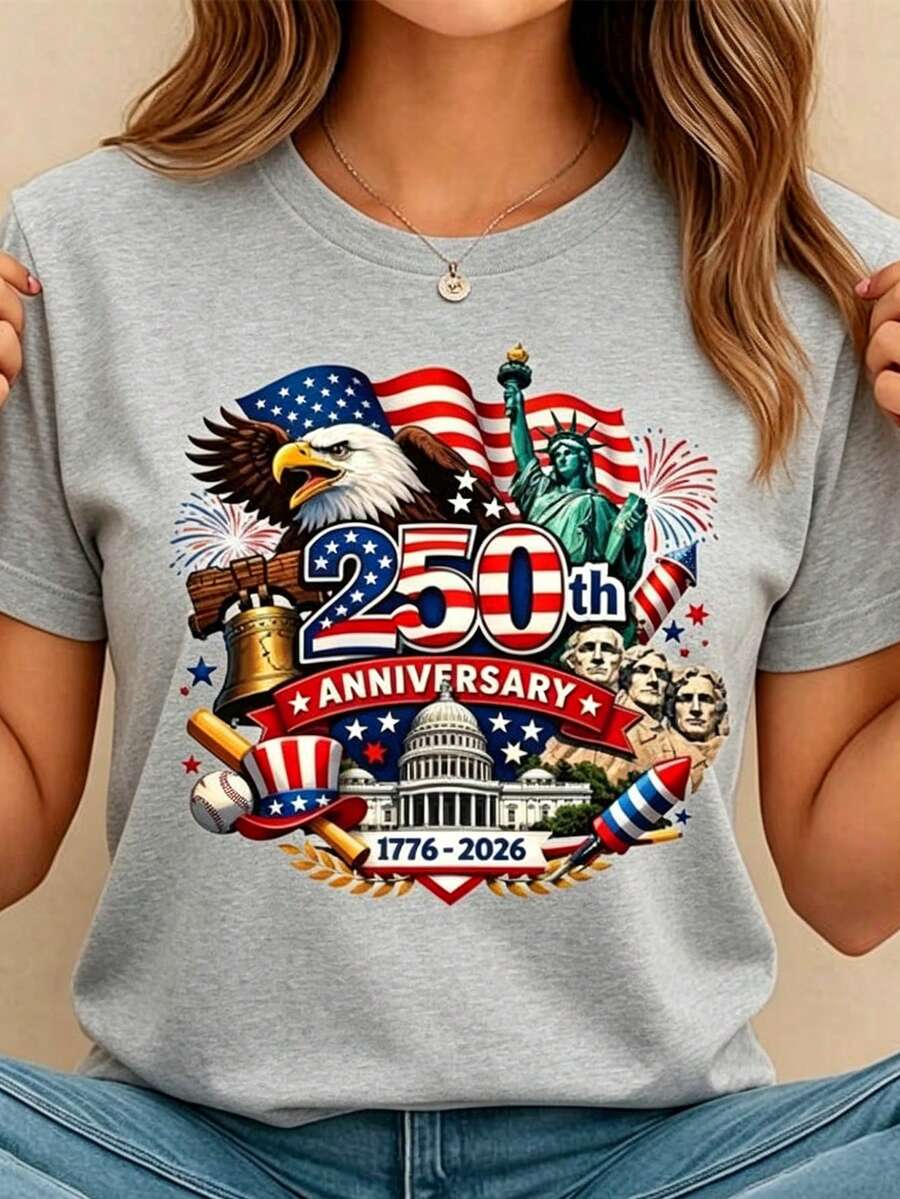 Women's Crew Neck Summer Tee USA 250th Anniversary Patriotic Print Regular Fit Top Perfect For National Celebrations & Daily Casual Wear & Leisure Outings - 淺灰色 - 查看 1