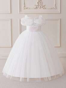 Young Girls' Blue Off-Shoulder Spaghetti Strap Tulle Princess Dress, Suitable For Parties - White - View 4