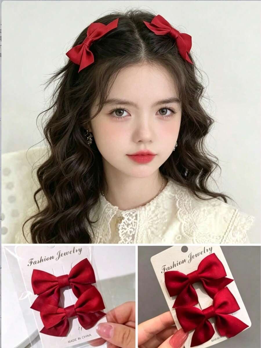2pcs Bowknot Hair Clips For Teenage Girls, Princess Side Bangs Cute Hair Accessories - Red - View 1