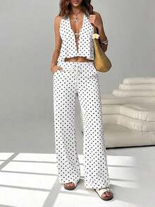 2 piezas Conjunto casual de vacaciones para mujer con top halter sin espalda y pantalones en color caqui tejido - Blanco 4 - Ver 5