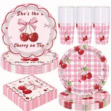 Ella es el toque final para cumpleaños, bodas, baby shower, fiestas de despedida de soltera. Suministros para fiestas de cumpleaños con moños y cerezas, incluyendo platos, servilletas, vasos. - Estilo 1 - Ver 3