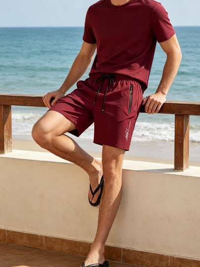 Men's Quick-Dry Sports Shorts In Burgundy, Elastic Drawstring Waist With Zipper Pockets, Lightweight & Breathable For Summer Fitness, Running And Daily Wear
