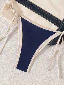 Traje de baño bikini para mujer conjunto dos piezas para playa piscina vacaciones semana santa brunch y salidas a la playa top triangular de cuello halter con bordes contrastantes y parte inferior con lazadas laterales color azul marino y crema tela elástica de secado rápido apto para verano y temporadas cálidas - Naranja - Ver 9