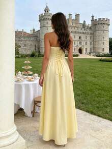 Vestido de mujer de unicolor, fruncido, sexy, elegante para vacaciones, uso diario y casual, primavera-verano - Amarillo - Ver 2