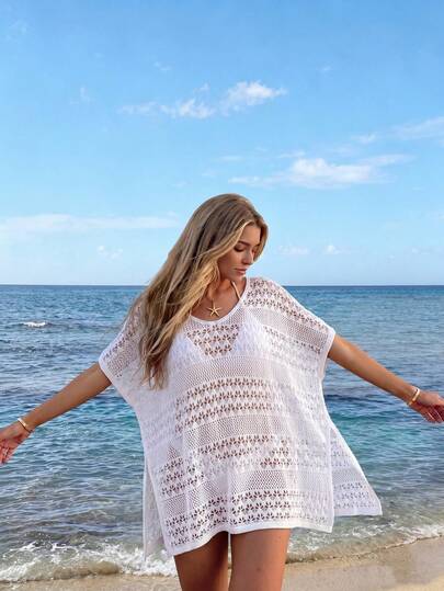 Áo khoác ngoài dệt kim cổ chữ V dáng rộng, xuyên thấu, gợi cảm kiểu Bohemian dành cho nữ, thích hợp cho kỳ nghỉ biển.