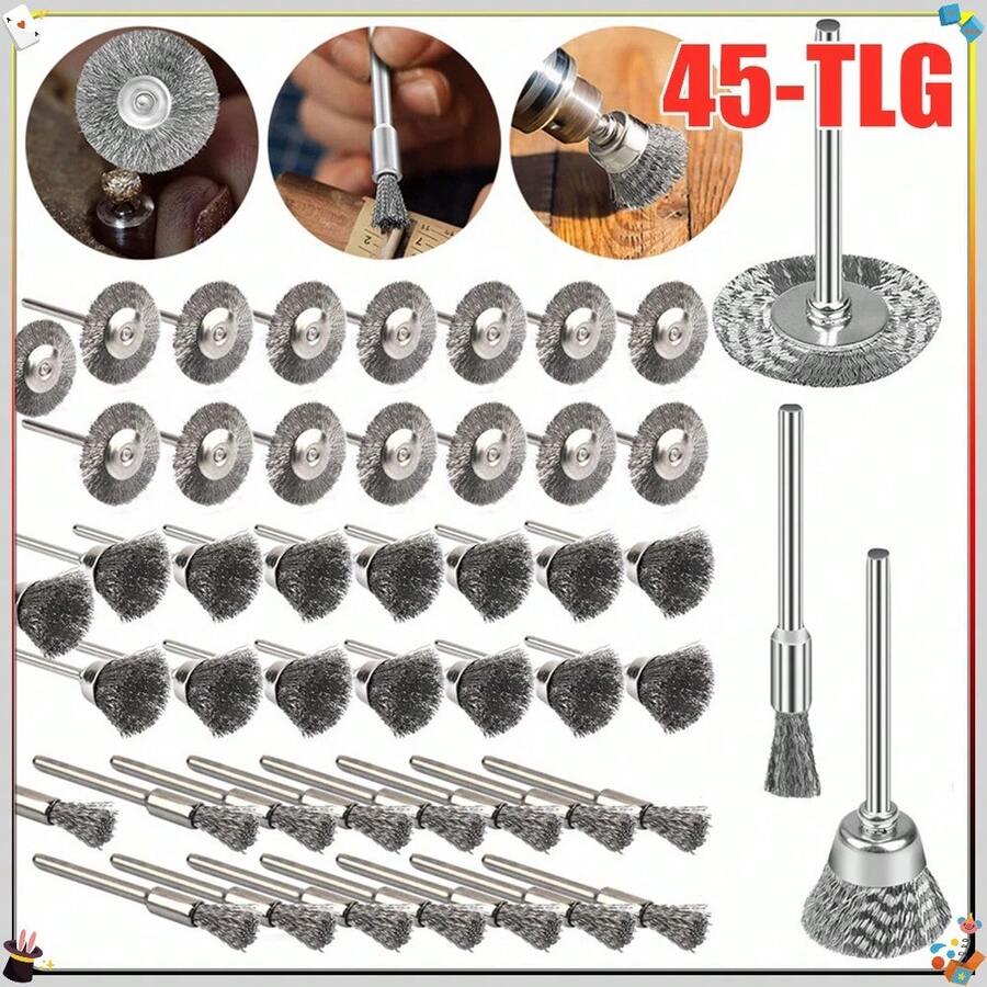 45PCS Drahtbürsten Set Edelstahl T Form Schalenbürste Pin Bürste für Bohrmaschine, Rostentferner Entgraten Schleifen Polieren, geeignet für Holz Metall Farbe entfernen, vielseitiges Werkzeug Set - A - Übersicht 1