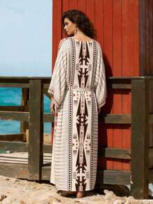 Áo khoác ngoài bikini in họa tiết phong cách Bohemian 2026, váy dài thanh lịch thắt eo dành cho nữ, trang phục đi biển rộng rãi và thoải mái cho mùa hè. - Màu be - Xem 6