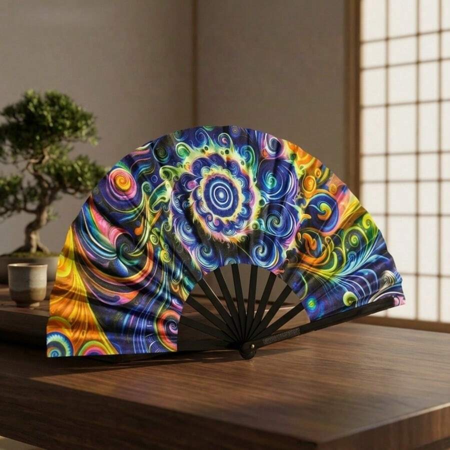 1个漩涡星空印花可折叠手扇，彩色彩虹螺旋图案，大型嘉年华手扇，派对角色扮演拍照道具，降温风扇，俱乐部音乐节装饰 - 世界盃折扇 - 查看 1