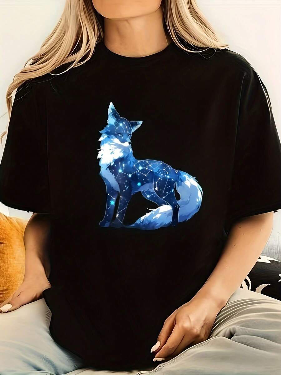 Women's Casual T-Shirt With Fox Constellation Graphic - Short Sleeves, Round Neck, Black Base With Blue And White Starry Night Design, Geometric Patterns, Suitable For Spring, Summer And Autumn, Fashion For Spring-X - Black - View 1