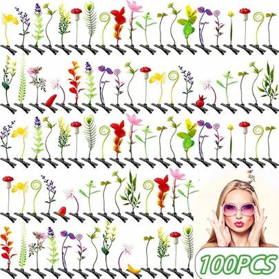 100pcs Unisex Funny Imitation Grass Hair Clips, Cute Butterfly, Mushroom, Flower Shaped Hair Accessories, Summer Party, Stage Performance Headpieces