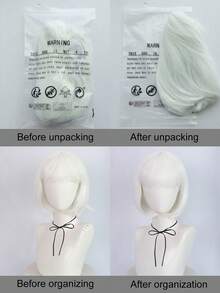 White Bobbed Wig With Bangs, White Party Wig With Fashionable Glasses (Star, Cat Eye, Heart-Shaped), Women's Short Neon Costume, Halloween Costume, Nightclub Wig - White - View 7