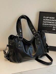 1pc Vintage Large Capacity Handbag, Vintage PU Messenger Shoulder Bag, Women Casual Tote Bag & Wallet, Bohemia Style Bag For Women, Tote Bags For School,College Essentials, Street & Japanese Bag For Women, New Fashionable Big Bags For Women, New Arrival Tote Bags For Woman , Vintage Bag , Y2k , Office - 黑色 - 查看 3