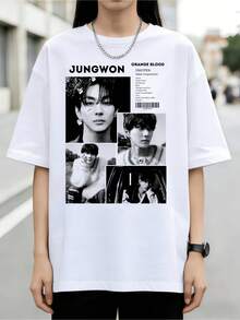 ENHYPENn Jungwon Orange Blood Album Retro Graphic Cotton Summer Short Sleeve T-Shirt - White - View 1