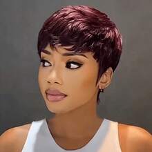 Women's Short Wig, Burgundy Straight Hair With Bangs, Rose Net Cap, Basic Style, Suitable For Cosplay And Halloween - Burgundy - View 3