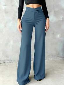Pantalones rectos negros elegantes y casuales para mujer, pantalones de verano con cintura asimétrica en V para acentuar las curvas, adecuados para la escuela, el uso diario, el trabajo, las citas y las vacaciones de primavera - Azul grisáceo - Ver 4