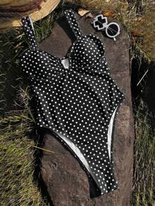 2026夏季新款法式复古波点女士连体泳衣比基尼，女士沙滩度假装，女士性感修身泳衣，沙滩度假修身休闲时尚泳衣套装 - 彩色 - 查看 3