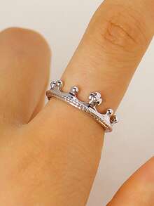 1 Set Vintage Elegant Portrait Rings For Women, Adjustable Open Crown & Flower Face Copper Rings, French Retro Masquerade Mask Face Stacking Crown Rings, Suitable For Daily, Party, Date, Holiday, Music Festival, Beach Vacation, Gift For Friends, Family, Couples, Jewelry Accessories - Silver - View 3