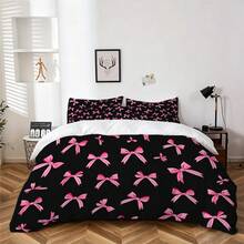 Bộ 3 món ga trải giường màu đen với nơ hồng dễ thương, chất liệu microfiber mềm mại, bao gồm cả vỏ gối, phù hợp cho phòng ngủ bé gái, sử dụng được cả bốn mùa. - Nhiều màu - Xem 3