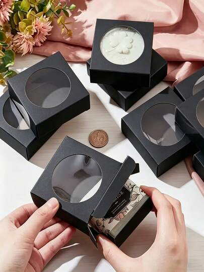 20 piezas/10 piezas/5 piezas/1 pieza Caja de regalo de papel kraft hecha a mano con ventana circular transparente | Diseño cuadrado plegable, perfecto para exhibir joyas, adecuado para pequeños regalos como bodas, cumpleaños y aniversarios, despedidas de soltera, fiestas de cumpleaños y diversas ocasiones