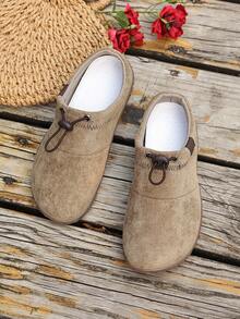 Women's Slip-On Casual Sports Shoes, Drawstring Design, Solid Color, Comfortable For Commuting, Daily Wear, All Seasons, Versatile - Khaki - View 5