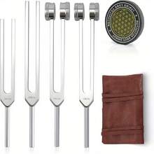 Tuning Forks Set, Includes 128Hz, 136Hz, 256Hz, 384Hz & Activator, Portable In Red Leather Pouch, Grade Sound Instruments For Chakra, Yoga - Silver - View 1